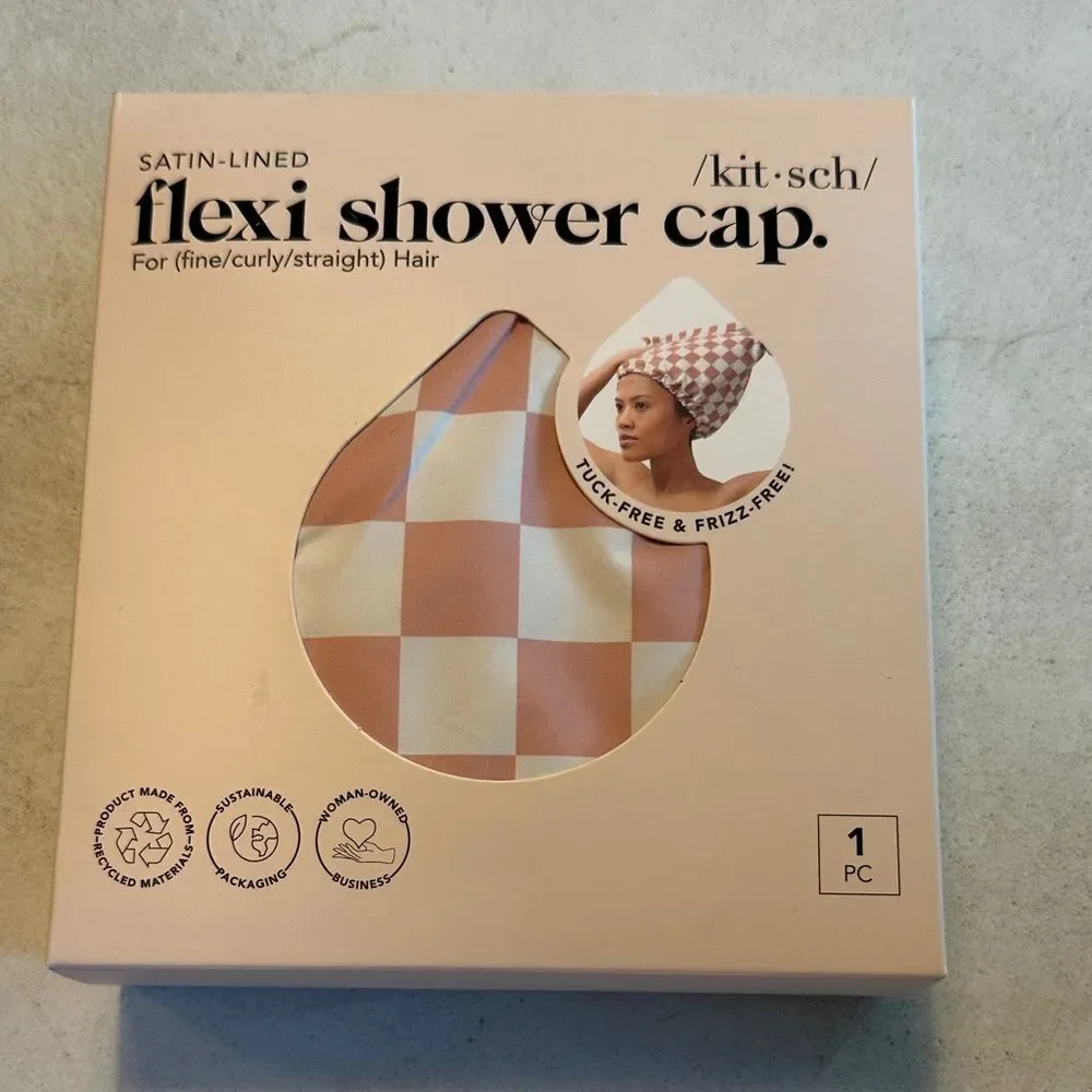 Kitsch Flexi Shower‎ Cap Satin Lined Terracotta checker